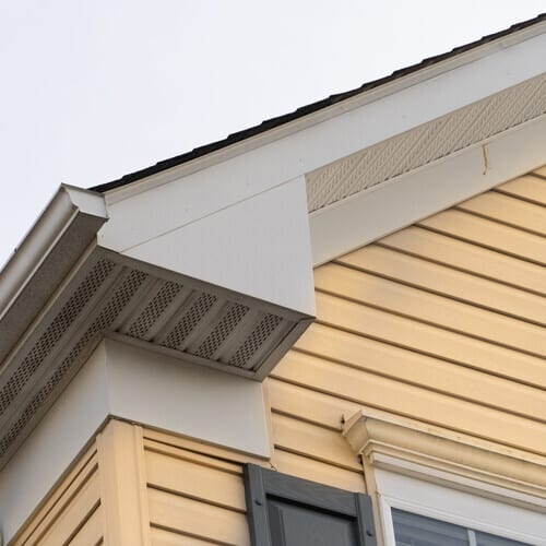 Horizontal vinyl siding, white frame gutter guard system, fascia, drip edge, soffit, on a pitched roof attic at a luxury American single family home neighborhood USA