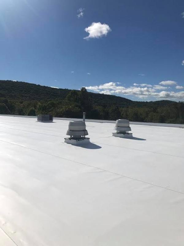 Overhead view of a TPO commercial roofing system